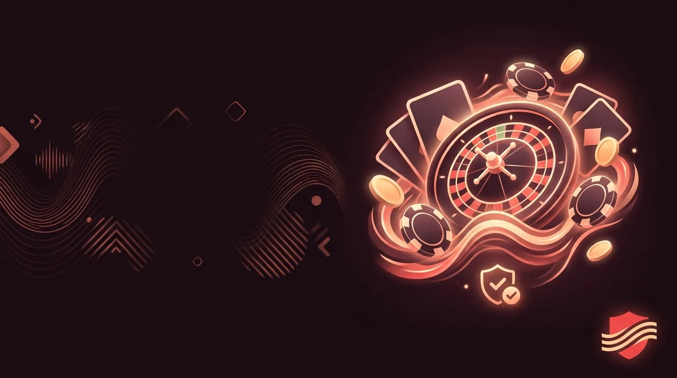 Dark burgundy hero banner with coral and peach rhythmic waves, central casino roulette wheel and blank chips on right, coral